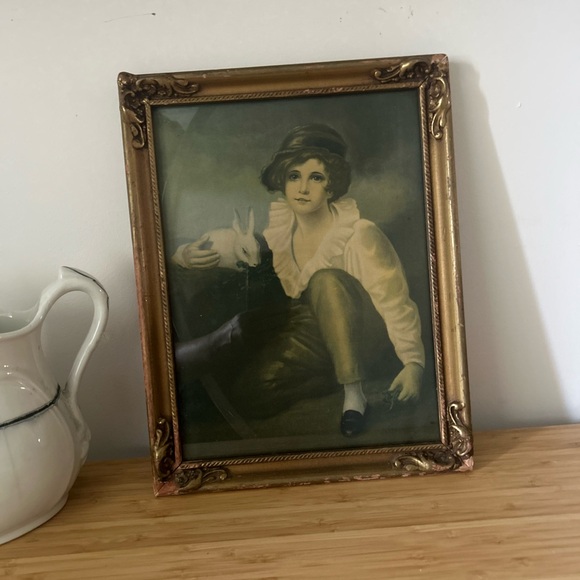 Antique Framed Lithograph of Boy with Rabbit - Picture 4 of 7